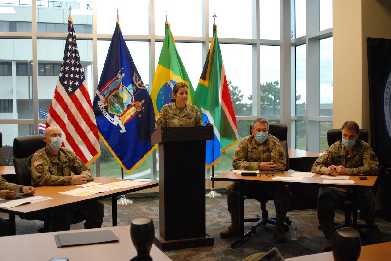 Soldiers take part in a Zoom call.