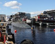 USS San Francisco (SSN 711) undocked at Norfolk Naval Shipyard (NNSY) Oct. 5, moving pierside for the final phase of its Moored Training Ship conversion.