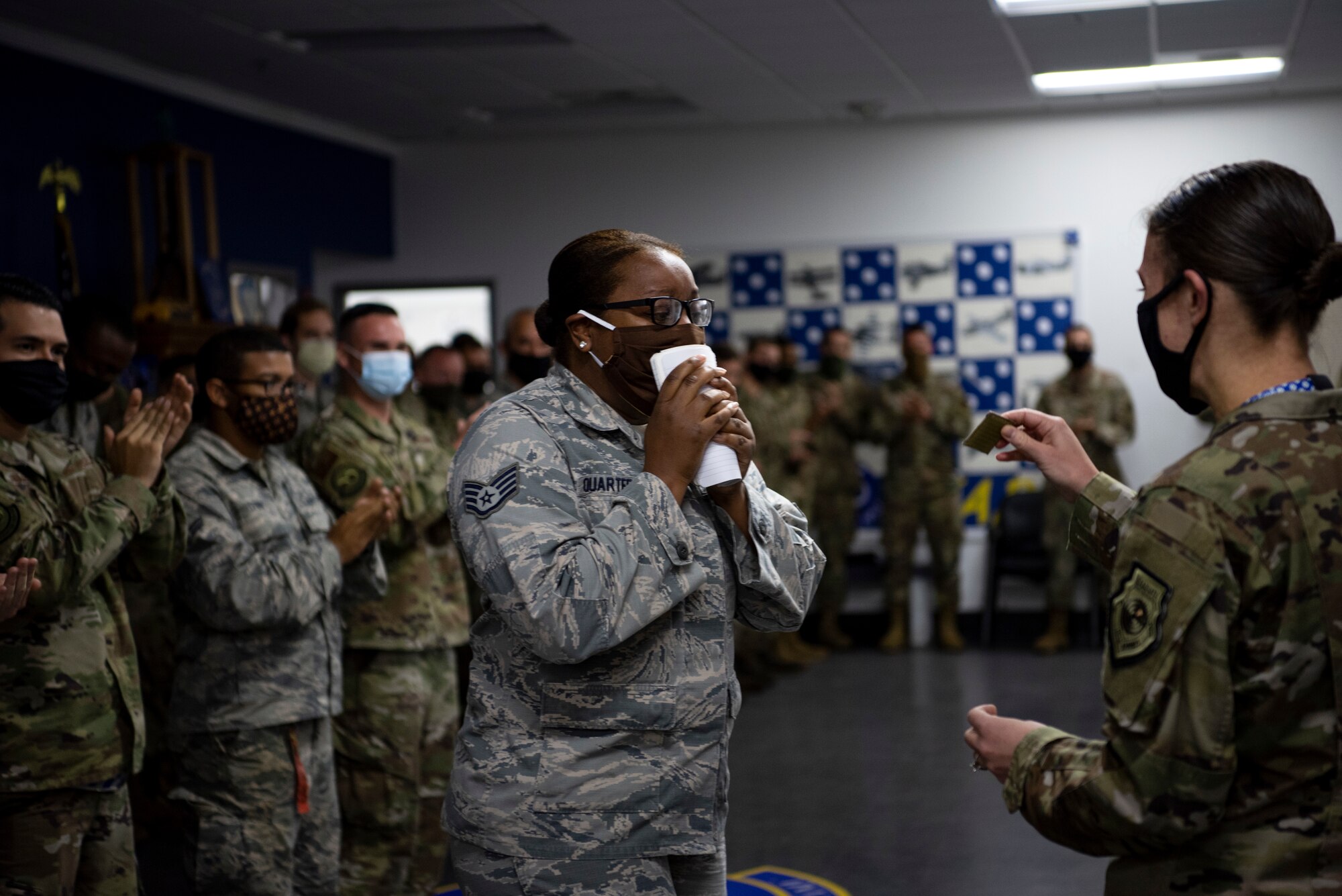 Tech. Sgt. Lateia Quarterman, 55th Fighter Generation Squadron commander support staff noncommissioned officer in charge, and Tech. Sgt. Brittany Banks, 20th Healthcare Operations Squadron non-active duty clinic NCOIC, were presented with their technical sergeant stripe for their hard work and dedication.