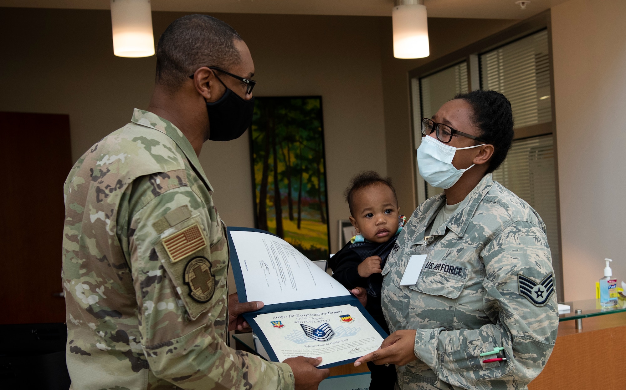 Tech. Sgt. Lateia Quarterman, 55th Fighter Generation Squadron commander support staff noncommissioned officer in charge, and Tech. Sgt. Brittany Banks, 20th Healthcare Operations Squadron non-active duty clinic NCOIC, were presented with their technical sergeant stripe for their hard work and dedication.