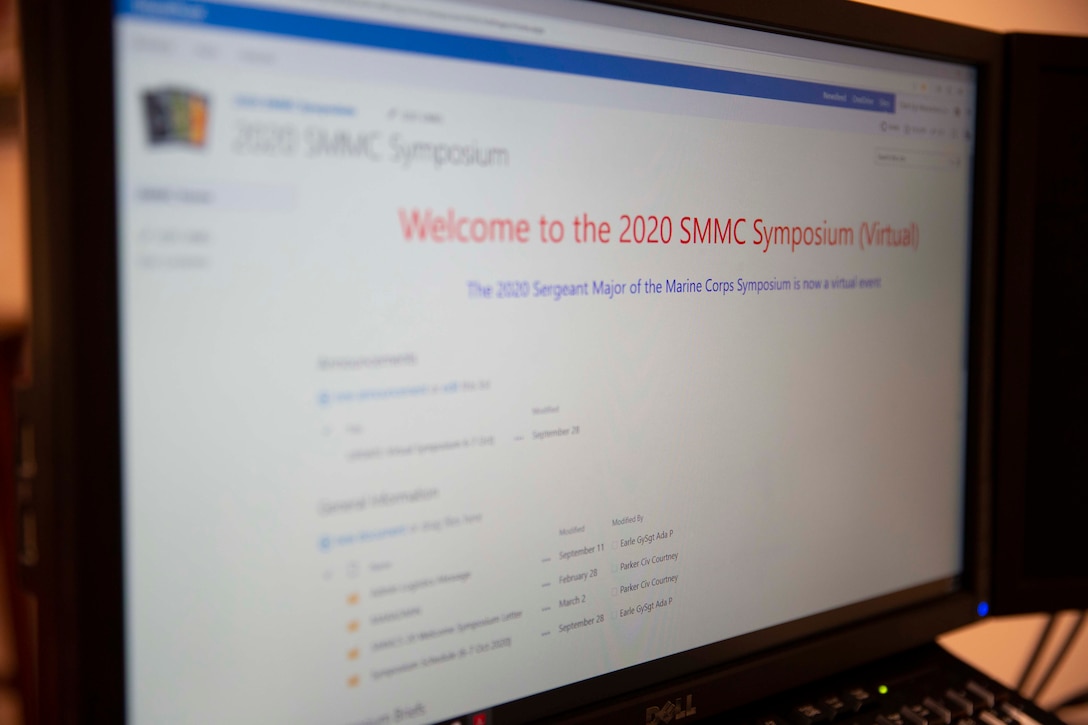 The 19th Sergeant Major of the Marine Corps, Sgt. Maj. Troy E. Black, will virtually host the annual Sergeant Major of the Marine Corps Symposium Oct. 6-7, 2020. The symposium gives Black a platform to directly address sergeants major and other senior enlisted advisors (SEA), to include master gunnery sergeants and Navy command master chiefs, who serve general officers, on important and emerging topics in the Marine Corps. The event is a key tool for maintaining relationships with the Sgt.Maj. of the Marine Corps. (U.S. Marine Corps photo by Sgt. Victoria Ross)