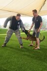 Chaplain (Capt.) Joshua Stevens, left, took part in a canine demonstration after he blessed military working dogs at Davis-Monthan Air Force Base, Ariz., during a temporary duty tour there in September 2020.