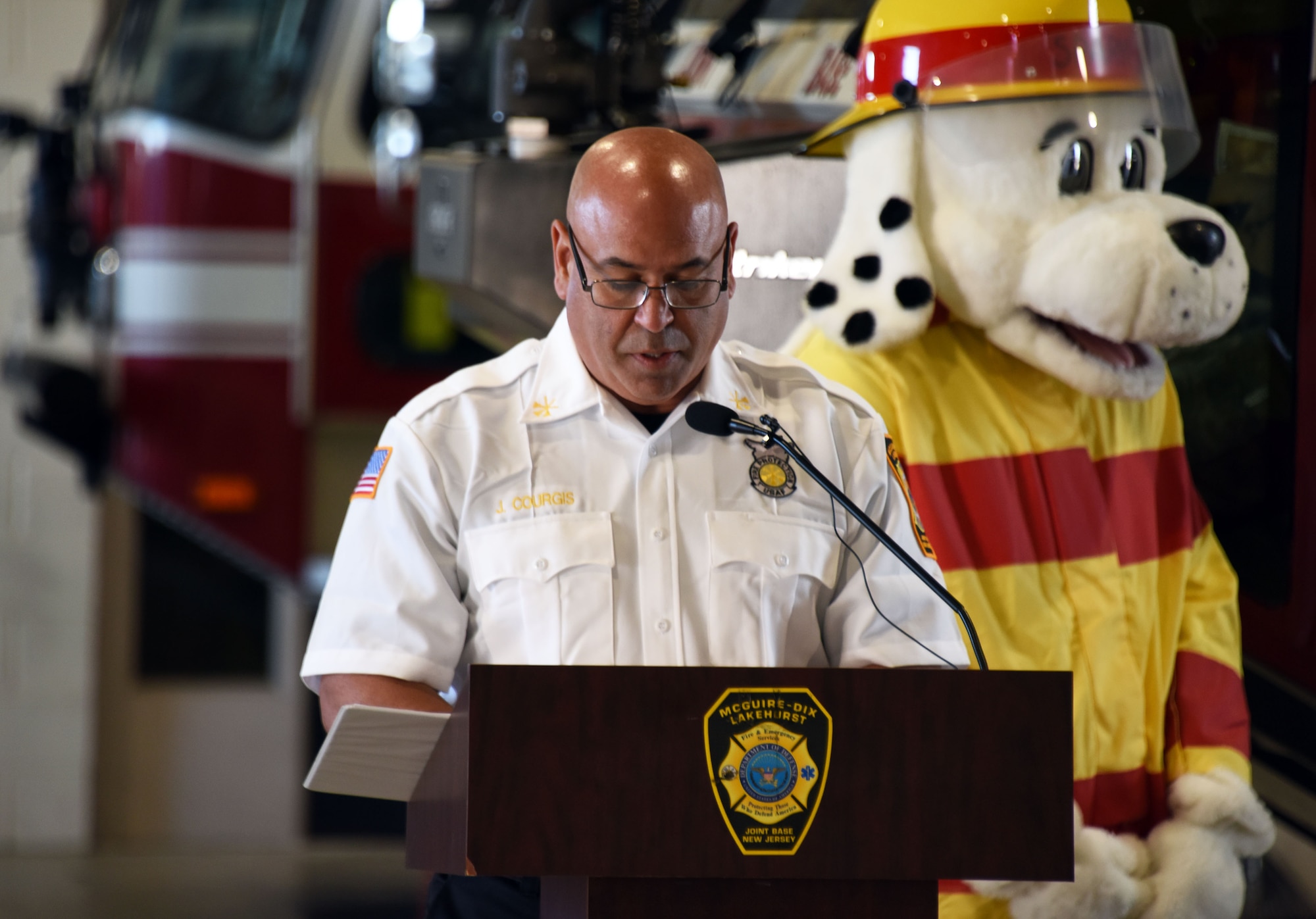 John Courgis, 87th Civil Engineering Squadron Fire Prevention assistant chief, reads about the importance of the Fire Prevention Proclamation, Oct. 5, 2020 at Joint Base McGuire-Dix-Lakehurst, N.J. Fire Prevention Week begins October 4th and runs until October 10th. The goal of Fire Prevention Week is to raise fire safety awareness around the Joint Base MDL Community.