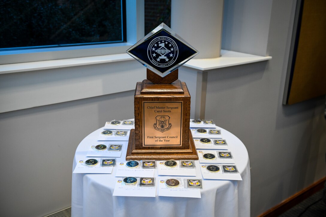 The Chief Master Sergeant Carol Smits First Sergeant Council of the Year award trophy sits on display before a ceremony to unveil a commemorative collage, Oct. 3, 2020, at Youngstown Air Reserve Station, Ohio.
