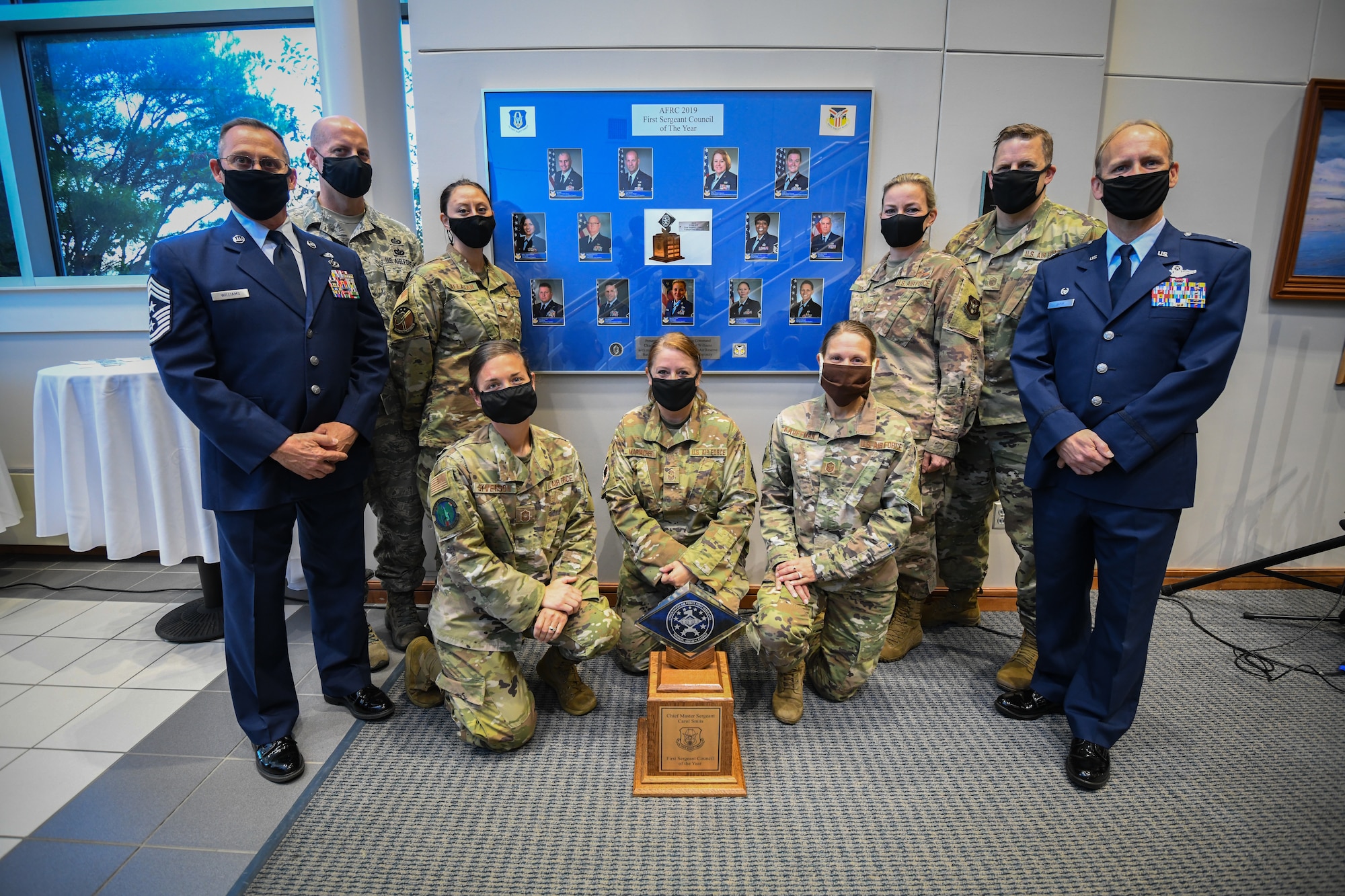 Reserve Citizen Airmen pose  for a picture after a ceremony recognizing the 2019 First Sergeant Council for being named the Chief Master Sergeant Carol Smits First Sergeant Council of the Year, Oct. 3, 2020, at Youngstown Air Reserve Station, Ohio.