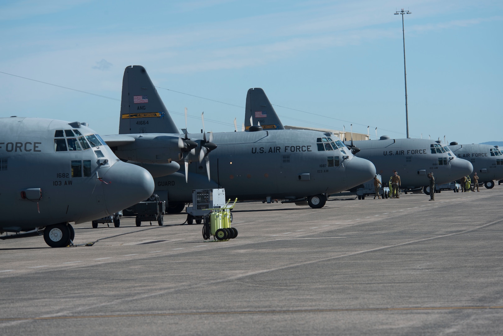 Five C-130H Hercules aircraft from the 103rd Airlift Wing prepare to depart Bradley Air National Guard Base in East Granby, Connecticut, Oct. 4, 2020. The mission, known as a “Max Fly,” challenges the unit to fly the maximum amount of aircraft in its fleet in a single mission in a display of the unit’s readiness and tactical airlift capabilities.