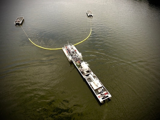 Aerial view of U.S. Army Engineer Research and Development Center (ERDC) researchers as they perform preliminary flow and operations studies on a new system for algae interception and treatment on Chautauqua Lake, N.Y. The ERDC researchers worked with Elastec, Inc. to build the initial prototype this summer. ERDC collaborated with New York State Department of Environmental Conservation (NYSDEC) scientists and industry partners to study harmful algal bloom mitigation technology in Chautauqua Lake from Aug. 19 through Sept. 4.