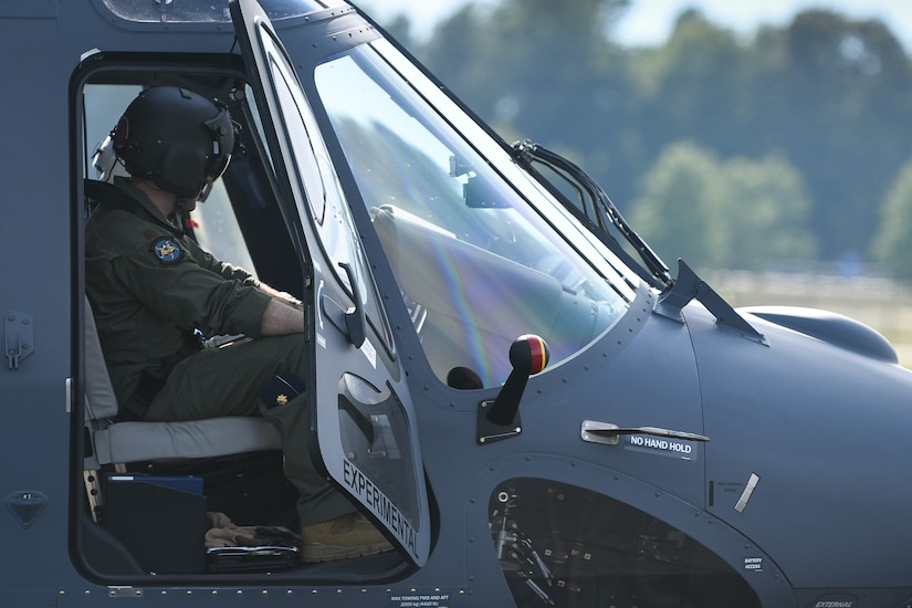Lt. Col. Jeremy McPherson, 413th Flight Test Squadron pilot, steps out of an MH-139A Grey Wolf after landing on an airfield in Richmond, Va., July 30, 2020.