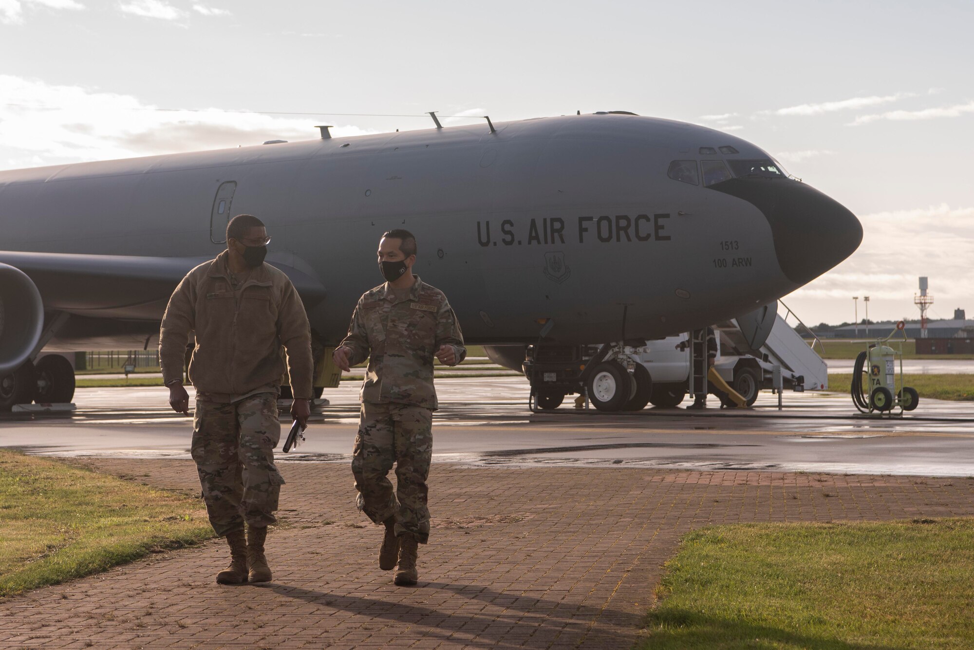 U.S. Air Force Col. Troy Pananon, 100th Air Refueling Wing commander, right, speaks with Maj. Gen. Randall Reed, Third Air Force commander, after departing the flightline at Royal Air Force Mildenhall, England, Sept. 24, 2020. The Third Air Force command team visited RAF Mildenhall to speak with Airmen and learn about their mission. (U.S. Air Force photo by Airman 1st Class Joseph Barron)