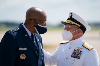 Army Gen. Mark A. Milley, chairman of the Joint Chiefs of Staff, attends the Transfer of Responsibility ceremony where Gen. Charles Q. Brown, Jr. assumed the duties as Air Force Chief of Staff from Gen. David L. Goldfein at Joint Base Andrews, Md., Aug. 6, 2020. (DOD Photo by Navy Petty Officer 1st Class Carlos M. Vazquez II)