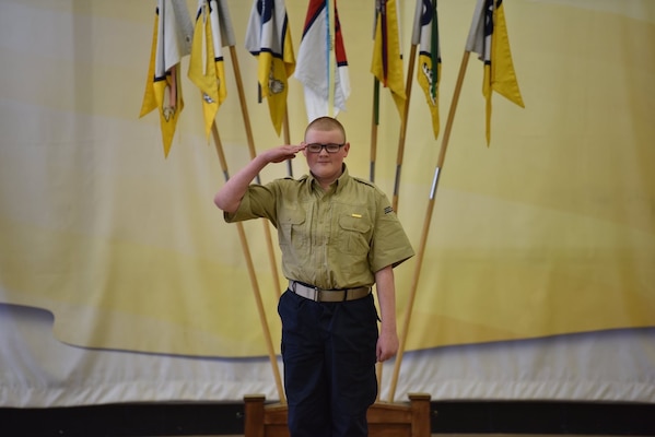 Mountaineer ChalleNGe Academy cadet Alexander Miller salutes the camera. Miller's Mother, Trisha, was so impressed with the experience her son is having in the MCA program, that she has become an employee at the newly opened Mountaineer ChalleNGe Academy - South located in Montgomery, West Virginia. (Courtesy Photo)
