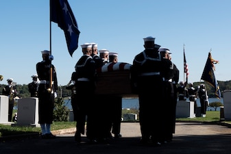 ANNAPOLIS, Md. (Oct. 5, 2020) Sailors from Naval District Washington's Ceremonial Guard carry the casket of Adm. Carlisle A. H. Trost during a funeral in his honor. Trost, a native of Illinois, served as the 23rd CNO from June 30, 1986, until June 29, 1990. (U.S. Navy photo by Mass Communication Specialist 1st Class Raymond D. Diaz III/Released)