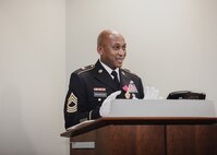 Master Sgt. Willie D. Richardson speaks to the in-person and virtual audience that attended his Aug. 11 military retirement ceremony at Picatinny Arsenal, N.J. Project Manager Soldier Lethality’s Senior Non Commissioned Officer since May 2018, he concluded a 26-year active duty service.