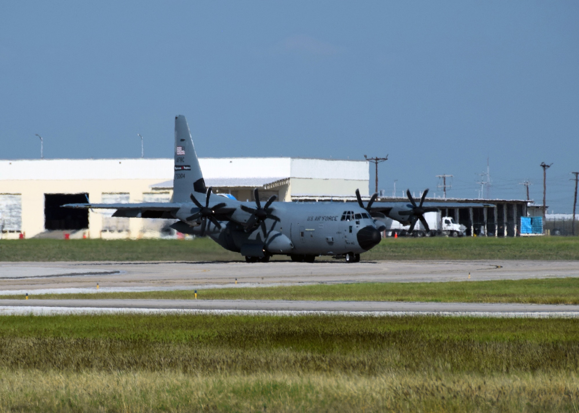 A WC-130J Hercules “Hurricane Hunter” weather reconnaissance aircraft from the 403rd Wing at Keesler Air Force Base, Mississippi, taxis to a parking spot on the 433rd Airlift Wing ramp at Joint Base San Antonio-Lackland, Texas Oct. 6, 2020.