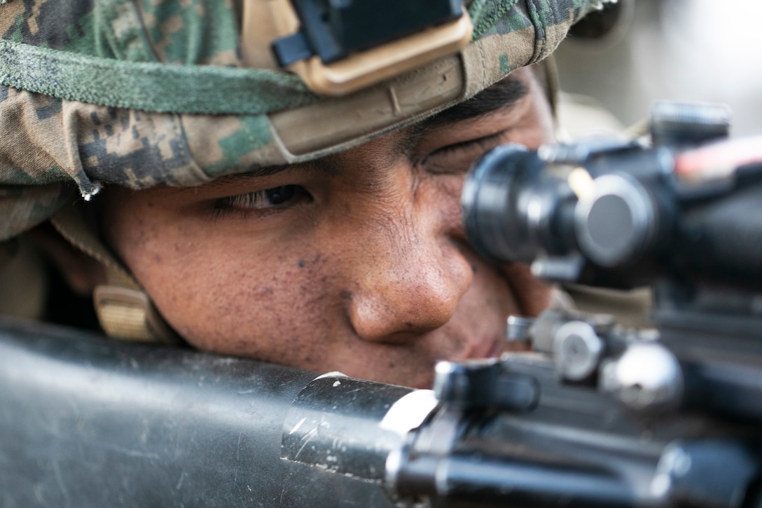 A U.S. Marine with Charlie Battery, 1st Battalion, 12th Marine Regiment, sights in his target pointer and illuminator prior to a low light live fire training event aboard Pohakuloa Training Area, Hawaii, Sept. 20, 2020. Marines with 1/12 conducted the training as part of Spartan Fury, a training exercise that aims to strengthen the artillery unit’s expeditionary readiness and tactical proficiency. (U.S. Marine Corps photo by Sgt. Luke Kuennen)
