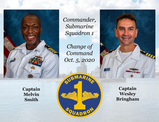 Change of Command Graphic for Commander, Submarine Squadron 1. (U.S. Navy/MC1 Michael Zingaro)