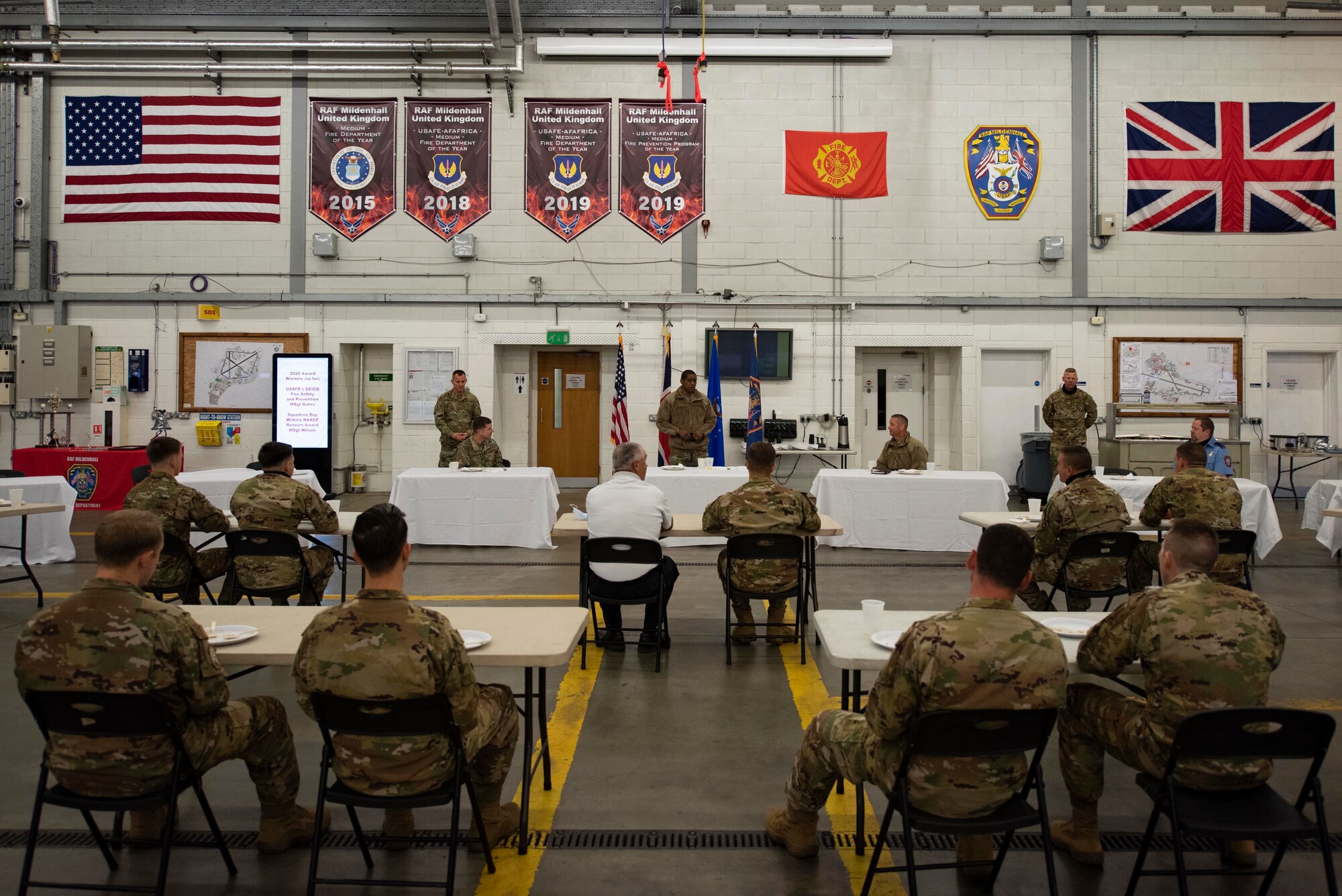 U.S. Air Force Maj. Gen. Randall Reed, Third Air Force commander, addresses firefighters during a breakfast at Royal Air Force Mildenhall, England, Sept. 24, 2020. Reed and Chief Master Sgt. Randy Kwiatkowski, Third Air Force command chief, spent two days talking with Airmen and touring the installation. (U.S. Air Force photo by Airman 1st Class Joseph Barron)