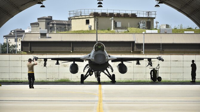Maj. Houston “Meat” Pye, 8th Fighter Wing chief of safety and 80th Fighter Squadron pilot, taxis out of a hangar at Kunsan Air Base, Republic of Korea, Aug. 31, 2020.