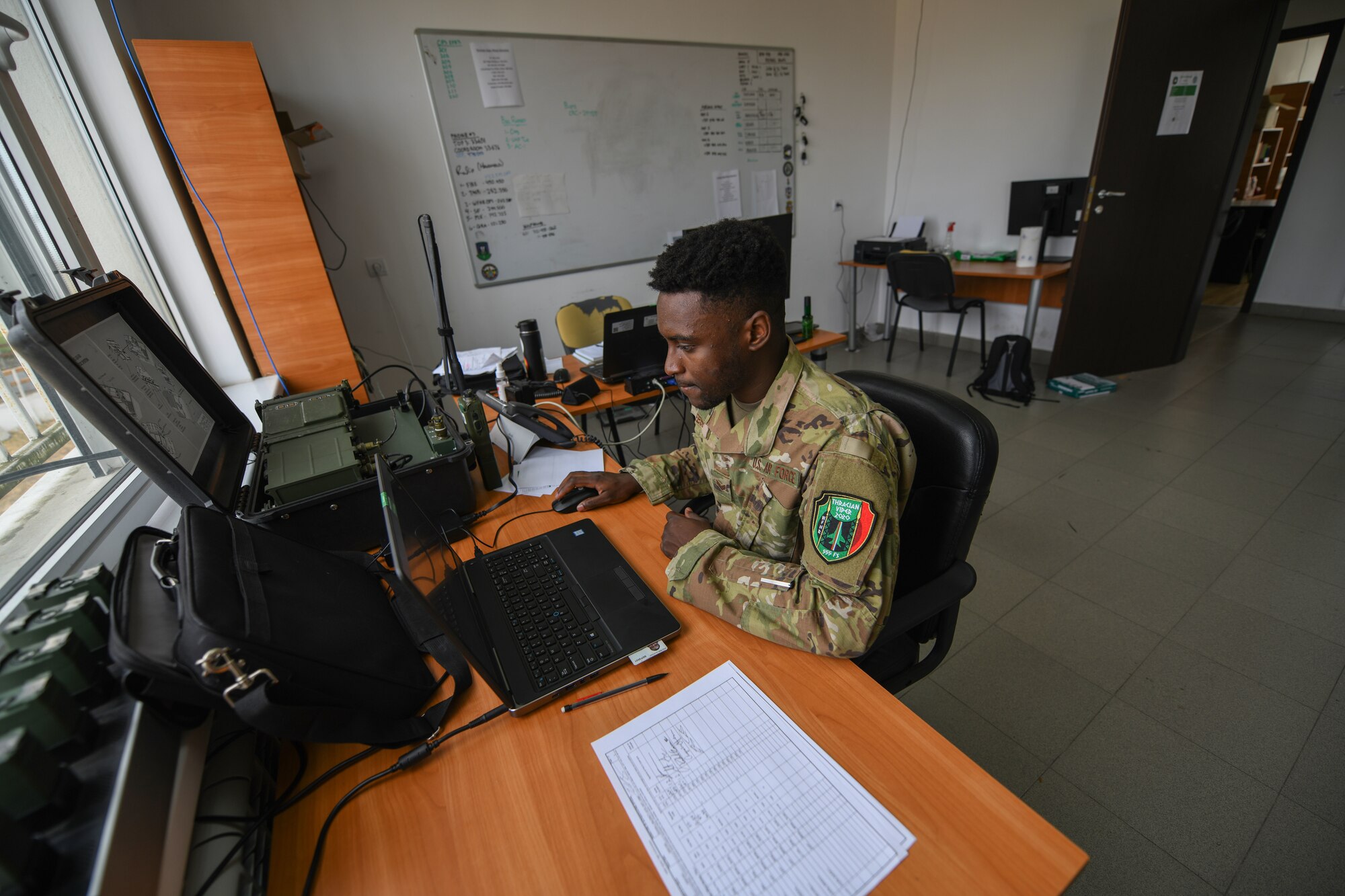 Senior Airman Arthur Leese, 555th Fighter Squadron aviation resource  manager reviews training documents during NATO enhanced Air Policing Oct. 7, 2020, at Graf Ignatievo Air Base, Bulgaria. During the NATO enhanced Air Policing mission in Bulgaria, Leese prepared the flight authorization for each pilot scheduled to fly and ensured each of their training requirements were up to date to be ready for a quick reaction alert.
(U.S. Air Force photo by Airman 1st Class Ericka A. Woolever)