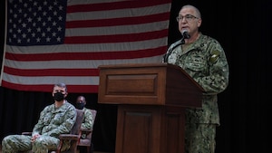 200106-N-YD41-0061 MANAMA, Bahrain (Oct. 6, 2020) - Capt. Rod Burley, outgoing commanding officer of Naval Computer and Telecommunications Station (NCTS) Bahrain, delivers remarks during a change of command ceremony on board Naval Support Activity Bahrain, Oct. 6. NCTS Bahrain operates and defends mission critical Navy warfighting networks and communications systems necessary for U.S. Navy, Joint, NATO and coalition commanders to conduct secure command and control in the U.S. Central Command area of responsibility. (U.S. Navy photo by Mass Communication Specialist 2nd Class Matthew Riggs)