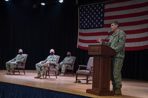 200106-N-YD41-0058 MANAMA, Bahrain (Oct. 6, 2020) - Rear Adm. Curt Renshaw, deputy commander of U.S. Naval Forces Central Command, delivers remarks during the Naval Computer and Telecommunications Station (NCTS) Bahrain change of command ceremony on board Naval Support Activity Bahrain, Oct. 6. NCTS Bahrain operates and defends mission critical Navy warfighting networks and communications systems necessary for U.S. Navy, Joint, NATO and coalition commanders to conduct secure command and control in the U.S. Central Command area of responsibility. (U.S. Navy photo by Mass Communication Specialist 2nd Class Matthew Riggs)