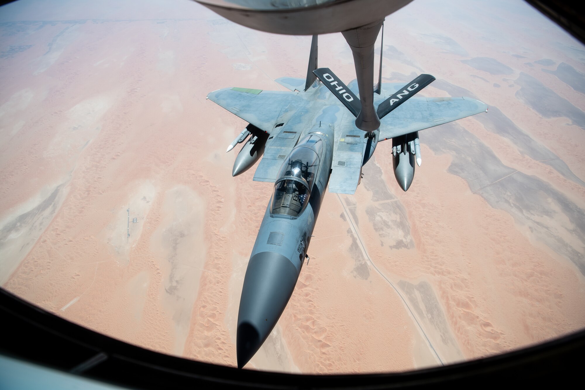 A U.S. Air Force F-15C Eagle flies over the U.S. Central Command area of responsibility Sept. 17, 2020. The F-15C Eagle is an all-weather, extremely maneuverable tactical fighter designed to perform air-to-air missions, demonstrating U.S. Air Forces Central Command's posture to fight and win today. (U.S. Air Force photo by Staff Sgt. Justin Parsons)
