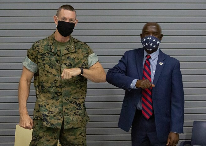 Maj. Gen. Stephen M. Neary, commander of U.S. Marine Corps Forces Europe and Africa, poses for a photo with U.S. Ambassador to Senegal Tulinabo S. Mushingi, after a meeting at the Cooperative Security Location in Dakar, Senegal, Oct. 6.