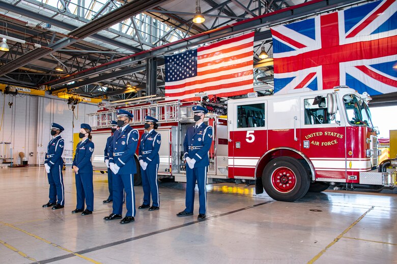 Airmen from the 423rd Air Base Group Honor Guard pose for a photo at RAF Alconbury, England, Sep. 30, 2020. The Honor Guard is responsible for rendering honors at official ceremonies throughout the Wing. (U.S. Air Force photo by Senior Airman Eugene Oliver)