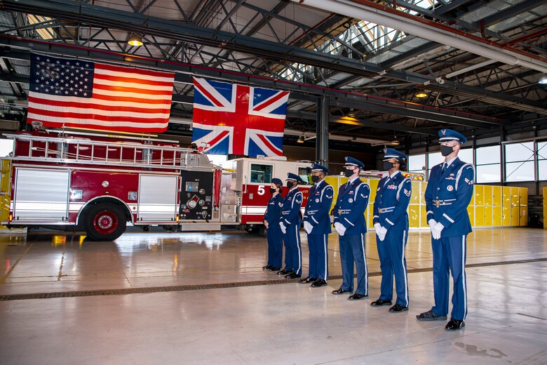 Airmen from the 423rd Air Base Group Honor Guard pose for a photo at RAF Alconbury, England, Sep. 30, 2020. The Honor Guard is responsible for rendering honors at official ceremonies throughout the Wing. (U.S. Air Force photo by Senior Airman Eugene Oliver)