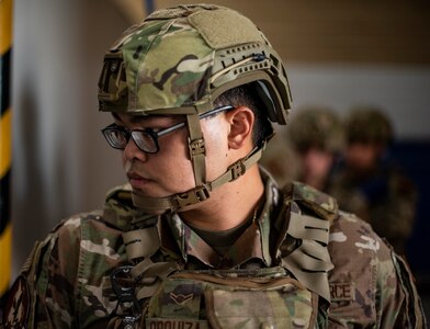 Airman Alex Orquiza, 71st Security Forces Squadron, wears the next generation of ballistic helmet during a door breaching exercise at Vance Air Force Base, Oklahoma, Sept. 15, 2020.