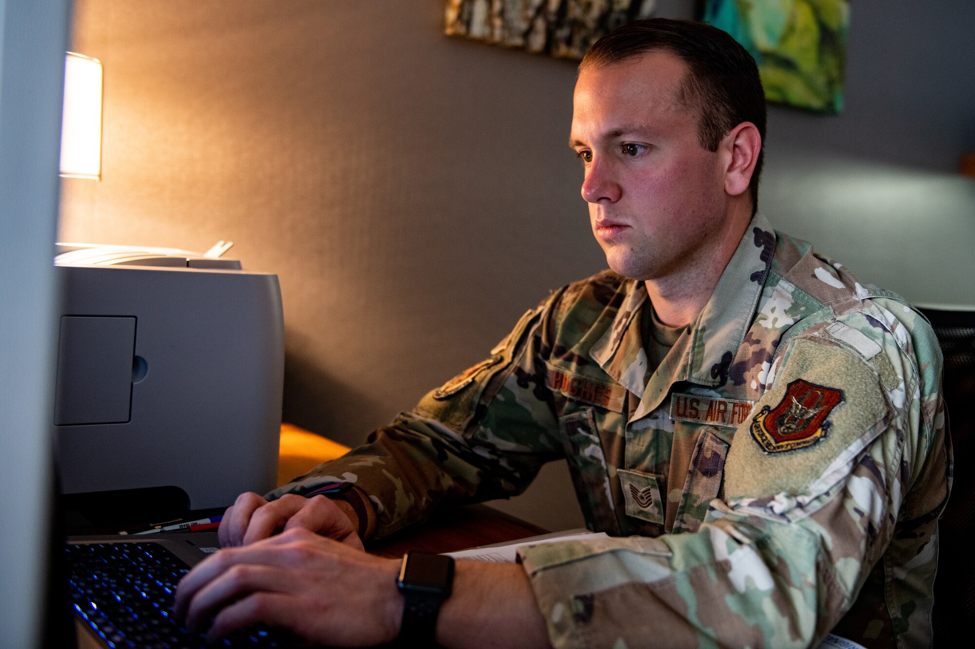 Tech. Sgt. Chris Hughes, an aviation resource manager assigned to the 910th Airlift Wing’s squadron aviation resource management office, works on creating flight authorizations, Sept. 22, 2020, Boise, Idaho.