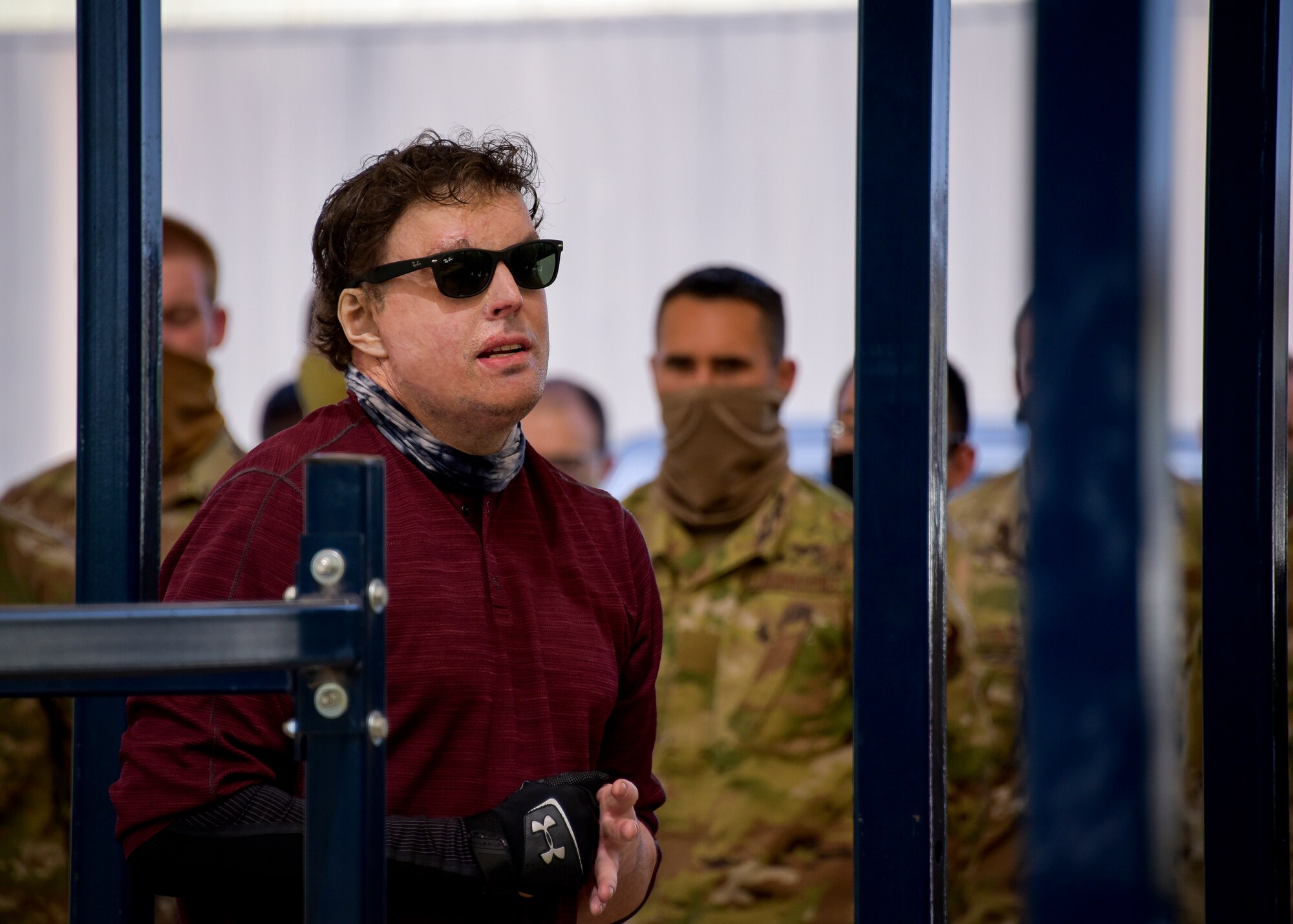 Jared Estes talks to 366th Training Squadron explosive ordinance disposal Airmen