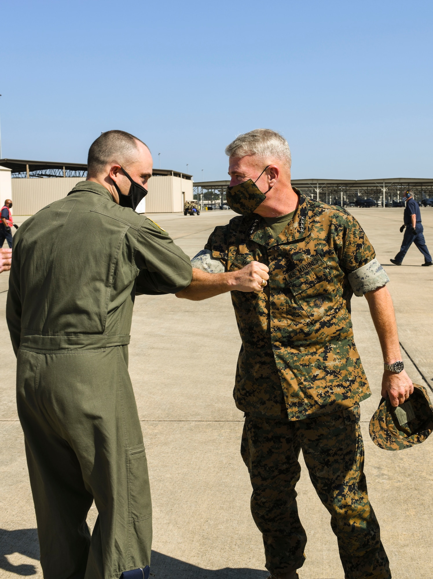 Marine Corps Gen. Frank McKenzie, commander U.S. Central Command, is greeted by 20th Fighter Wing and U.S. Army Central leadership during his visit at Shaw Air Force Base, South Carolina, Oct. 7, 2020.