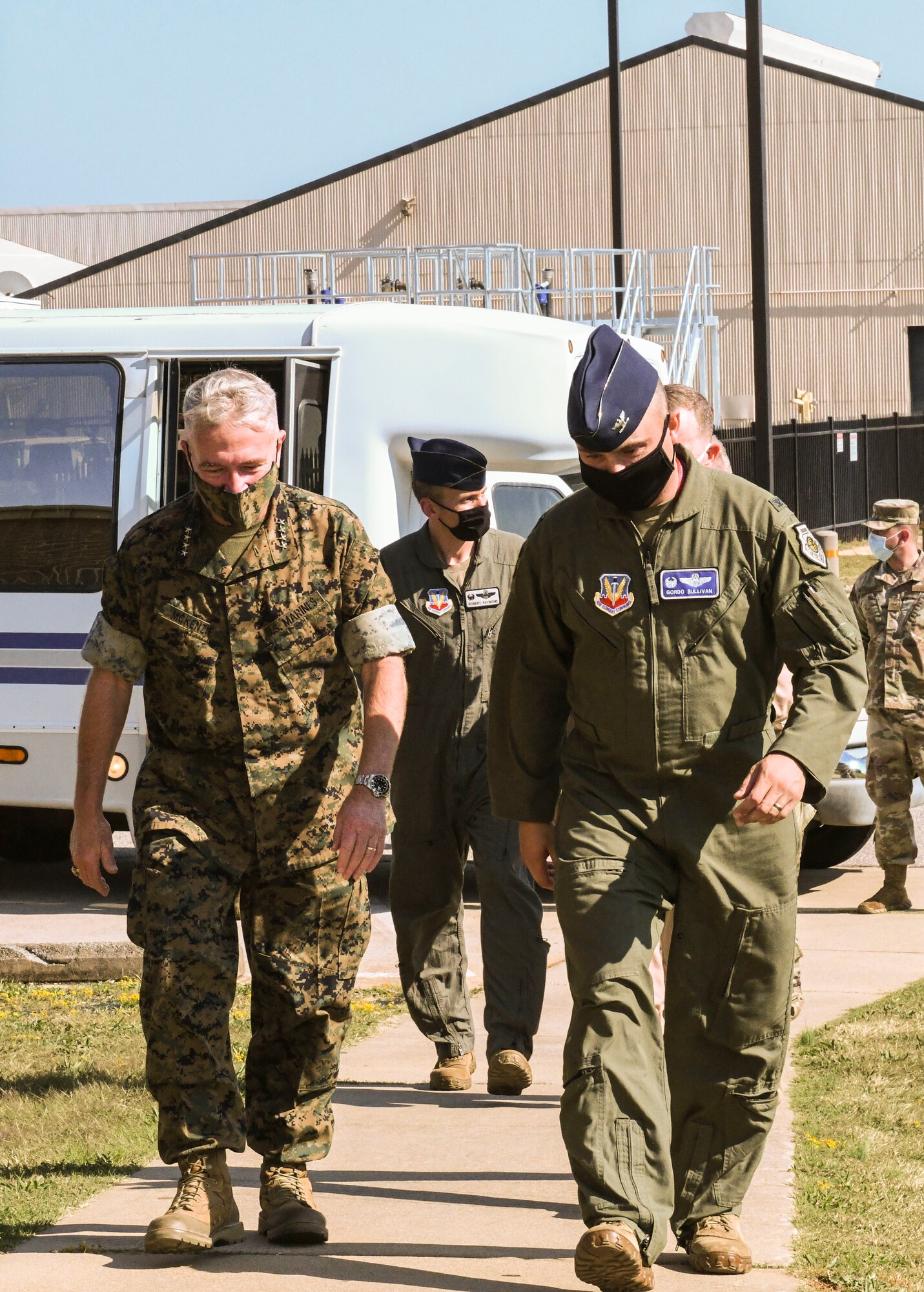 Marine Corps Gen. Frank McKenzie, commander U.S. Central Command, is greeted by 20th Fighter Wing and U.S. Army Central leadership during his visit at Shaw Air Force Base, South Carolina, Oct. 7, 2020.