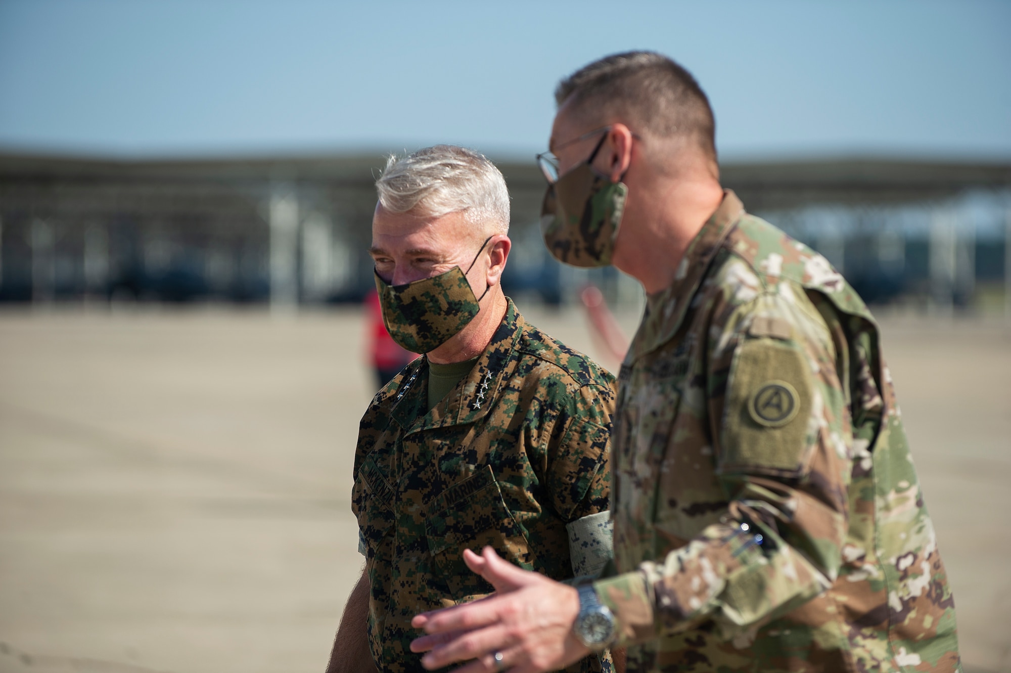 Marine Corps Gen. Frank McKenzie, commander U.S. Central Command, is greeted by 20th Fighter Wing and U.S. Army Central leadership during his visit at Shaw Air Force Base, South Carolina, Oct. 7, 2020.