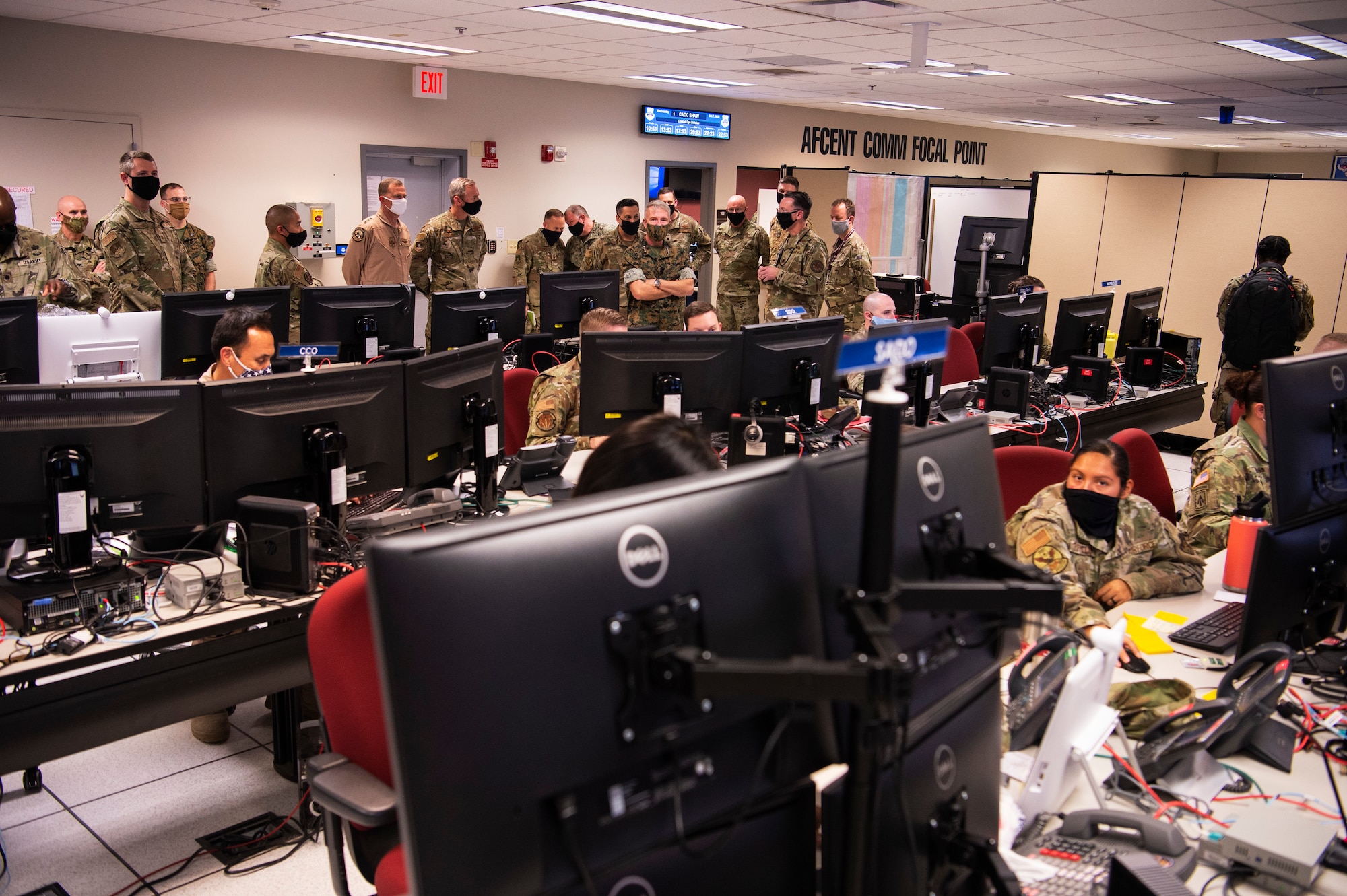 Marine Corps Gen. Frank McKenzie, commander U.S. Central Command, is greeted by 20th Fighter Wing and U.S. Army Central leadership during his visit at Shaw Air Force Base, South Carolina, Oct. 7, 2020.