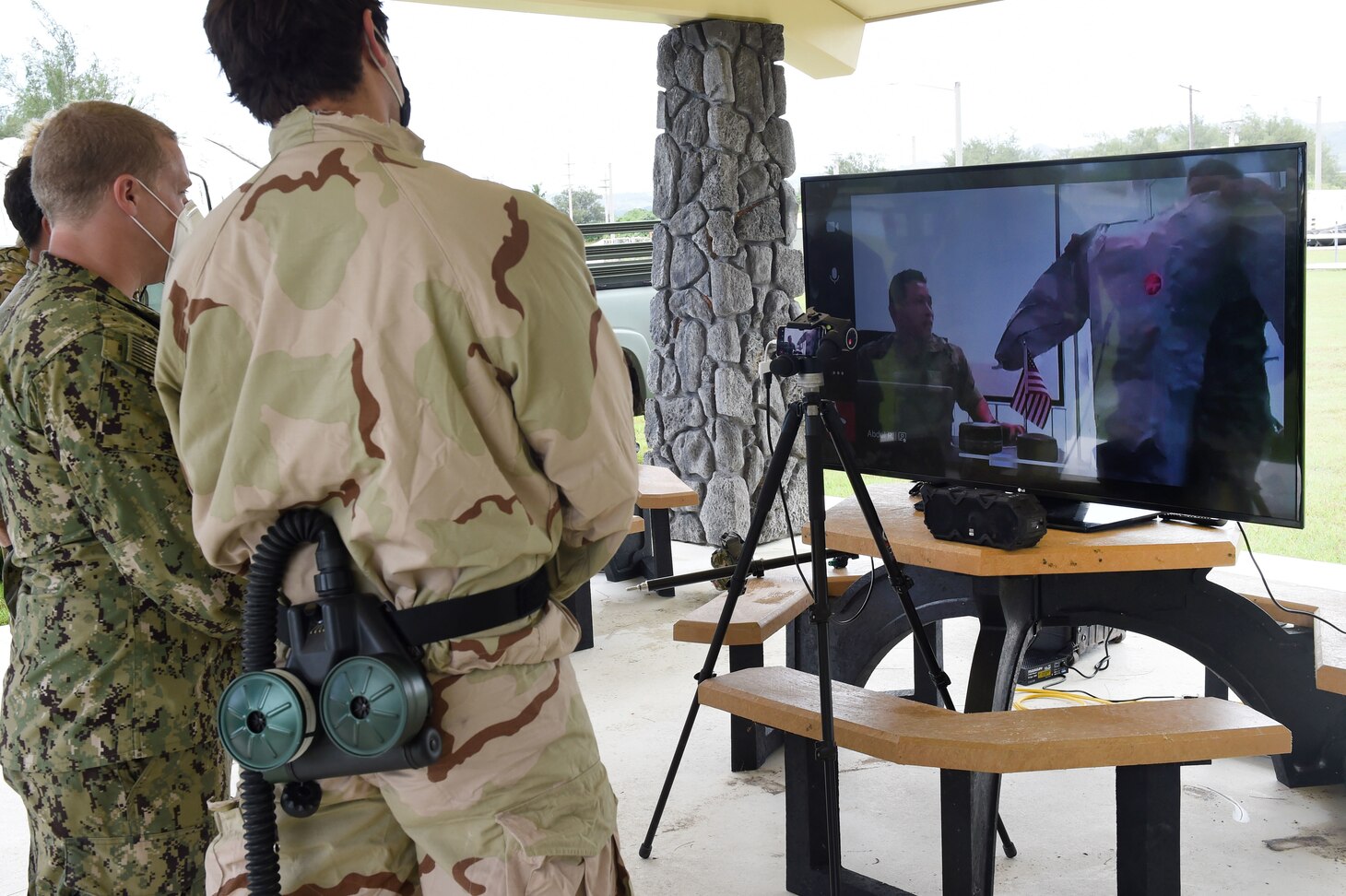 SANTA RITA, Guam (Oct. 6, 2020) Explosive Ordnance Disposal technicians assigned to the Task Group 75.1 EOD capability of Task Force 75 participate in a virtual subject matter expert exchange with troop commanders from the Royal Brunei Land Force (RBLF) during Cooperation Afloat Readiness and Training (CARAT) Brunei 2020. This year marks the 26th iteration of CARAT, a multinational exercise designed to enhance U.S. and partner navies' abilities to operate together in response to traditional and non-traditional maritime security challenges in the Indo-Pacific region. (U.S. Navy photo by Chief Mass Communication Specialist Travis Simmons)
