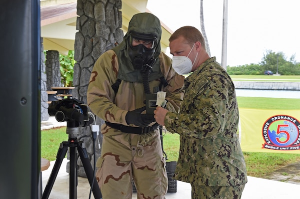 SANTA RITA, Guam (Oct. 6, 2020) Explosive Ordnance Disposal technicians assigned to the Task Group 75.1 EOD capability of Task Force 75 participate in a virtual subject matter expert exchange with troop commanders from the Royal Brunei Land Force (RBLF) during Cooperation Afloat Readiness and Training (CARAT) Brunei 2020. This year marks the 26th iteration of CARAT, a multinational exercise designed to enhance U.S. and partner navies' abilities to operate together in response to traditional and non-traditional maritime security challenges in the Indo-Pacific region. (U.S. Navy photo by Chief Mass Communication Specialist Travis Simmons)