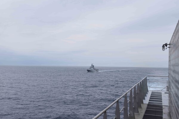 SOUTH CHINA SEA (Oct. 6, 2020) The Royal Brunei Navy offshore patrol vessel KDB Daruttaqwa (DTQ 09), inshore patrol vessel KDB Syafaat (SYA 19) and Spearhead-class expeditionary fast transport USNS Millinocket (T-EPF 3) transit in formation during a maneuvering exercise in support of Cooperation Afloat Readiness and Training (CARAT) Brunei. This year marks the 26th iteration of CARAT, a multinational exercise designed to enhance U.S. and partner navies' abilities to operate together in response to traditional and non-traditional maritime security challenges in the Indo-Pacific region. (U.S. Navy photo by Lt. Alexander Laabs)
