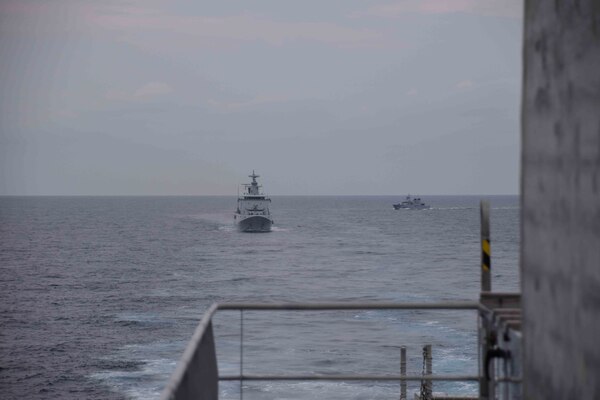 SOUTH CHINA SEA (Oct. 6, 2020) The Royal Brunei Navy offshore patrol vessel KDB Daruttaqwa (DTQ 09), inshore patrol vessel KDB Syafaat (SYA 19) and Spearhead-class expeditionary fast transport USNS Millinocket (T-EPF 3), transit in formation during a maneuvering exercise in support of Cooperation Afloat Readiness and Training (CARAT) Brunei. This year marks the 26th iteration of CARAT, a multinational exercise designed to enhance U.S. and partner navies' abilities to operate together in response to traditional and non-traditional maritime security challenges in the Indo-Pacific region. (U.S. Navy photo by Lt. Alexander Laabs)
