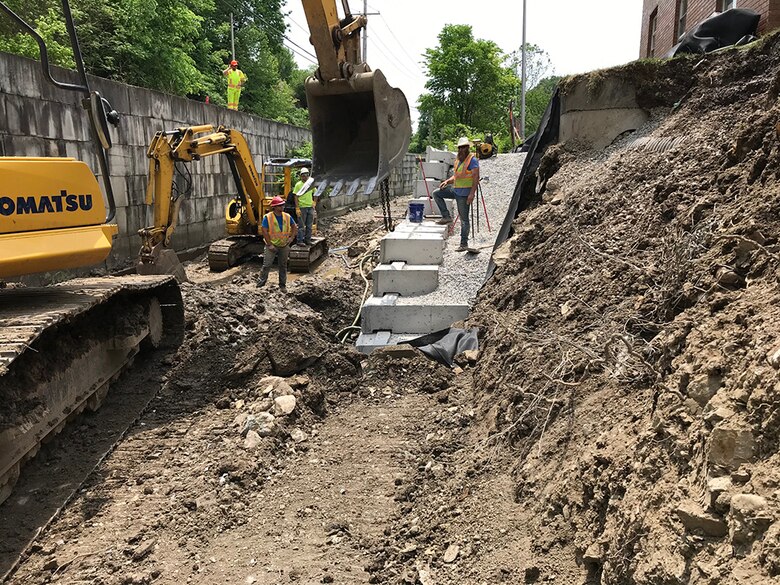 Construction progress at the Lick Run Streambank Protection Project.