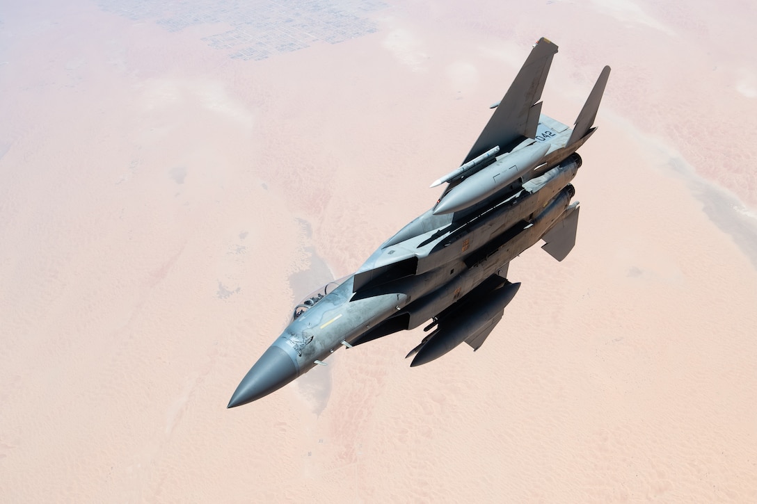 A U.S. Air Force F-15C Eagle flies over the U.S. Central Command area of responsibility Sept. 17, 2020. The F-15C Eagle is an all-weather, extremely maneuverable tactical fighter designed to perform air-to-air missions, demonstrating U.S. Air Forces Central Command's posture to fight and win today. (U.S. Air Force photo by Staff Sgt. Justin Parsons)