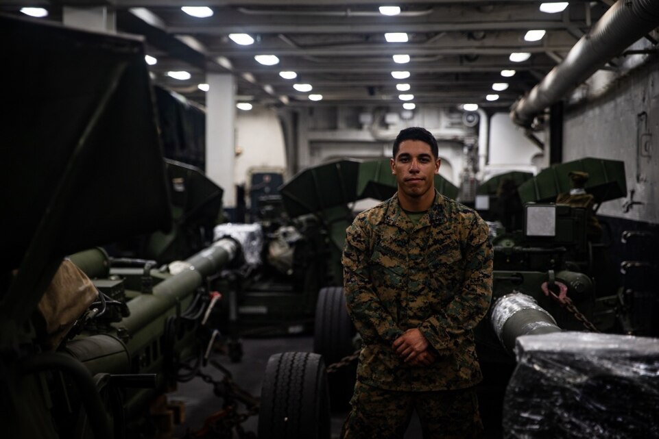 1st Lt. Alex Cervantes, a field artillery officer with Fox Company, Battalion Landing Team (BLT), 2nd Battalion, 4th Marines, 31st Marine Expeditionary Unit (MEU), from Corona, California, graduated May of 2018 from the University of Notre Dame with a Bachelor’s of Science in Aerospace Engineering before deciding to join the Marines. He commissioned in June 2018, his very first salute to his father, Benny Cervantez, who served from 1984-1992. Cervantez is currently serving with the 31st MEU aboard USS New Orleans (LPD 18).