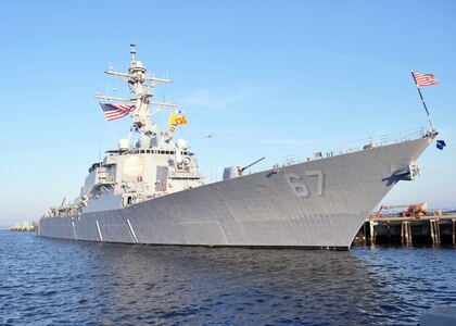 The guided-missile destroyer USS Cole is pierside at Naval Station Norfolk during the tenth anniversary of the terrorist attack on the ship.