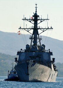 The guided missile destroyer USS Cole (DDG 67) arrives for a scheduled port visit in Souda Bay, Crete, Greece.