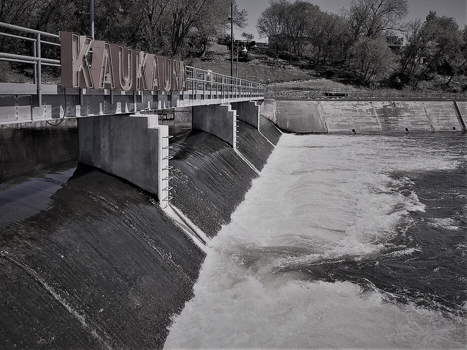 View of the Kaukauna Dam spillway from the tainter gate wall