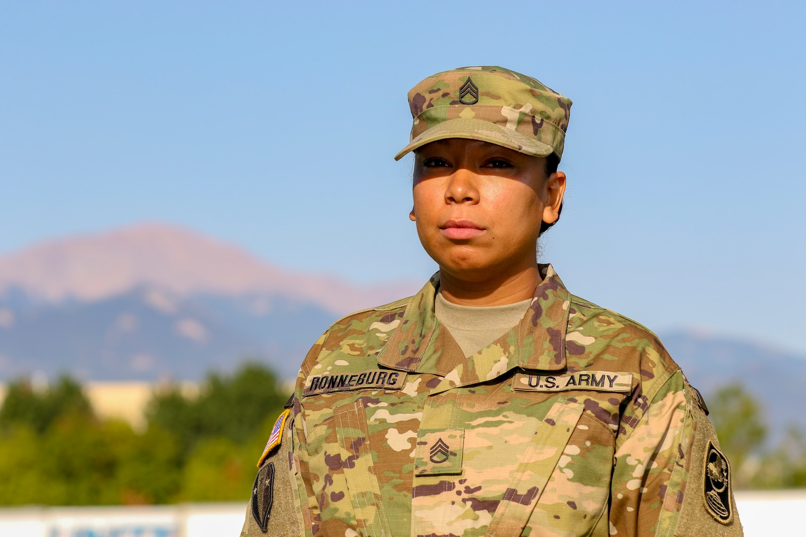 Army Sgt. 1st Class Denise Ronneburg, the supply sergeant for the 100th Missile Defense Brigade, outside the 100th Missile Defense Brigade headquarters in Colorado Springs Sept. 15, 2020. Ronneburg hails from Orange Walk Town, Belize, and is part of a growing Hispanic population within the Army.