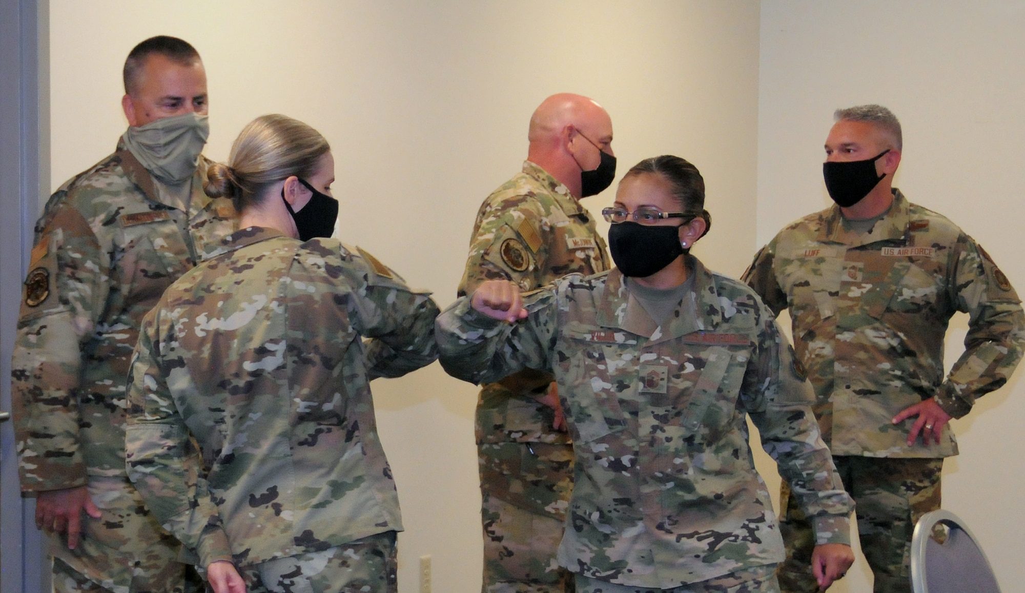 Chief Master Sgt. Cynthia Villa, 4th Air Force command chief, greets 445th Airlift Wing chief master sergeants Sept. 13, 2020, during her visit to the wing Sept. 11-13, 2020.