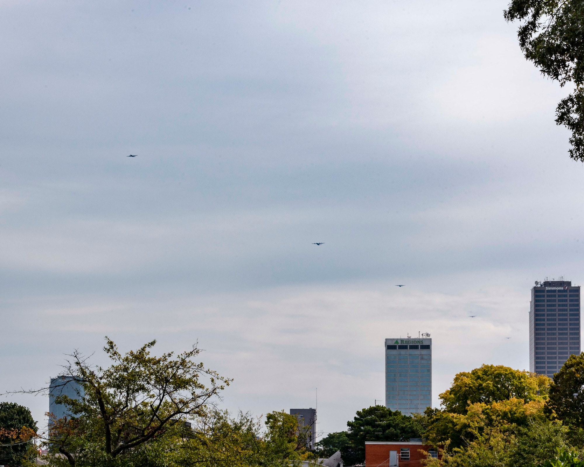 U.S. Air Force C-130s from Little Rock Air Force Base fly over Arkansas, Oct. 8, 2020, in celebration of the 65th anniversary of the base's first open house. The aerial review honored the local community for their unwavering support since 1955. (U.S. Air Force photo by Maj. Ashley Walker)