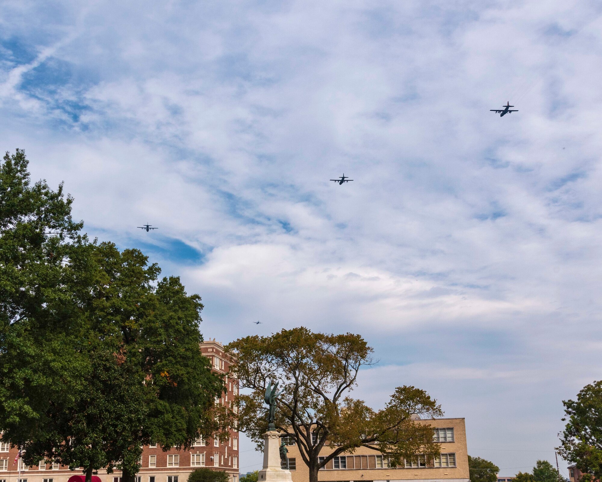 U.S. Air Force C-130s from Little Rock Air Force Base fly over Arkansas, Oct. 8, 2020, in celebration of the 65th anniversary of the base's first open house. The aerial review honored the local community for their unwavering support since 1955. (U.S. Air Force photo by Maj. Ashley Walker)